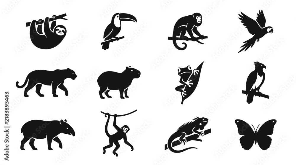 Obraz premium South American rainforest animal silhouette icon vector set