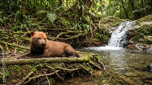 Bush Dog Wildlife, resting peacefully near a flowing river stream, surrounded by thick green mossy tree roots and ferns, deep within a tropical rainforest with a waterfall, nature photography.