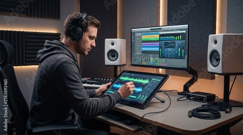 Sound engineer adjusting green digital audio waveforms on graphics tablet screen in modern recording studio, highlighting audio editing precision