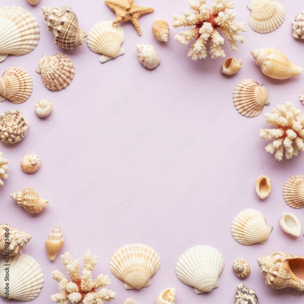 Obraz premium Top view of diverse marine shells, white coral pieces, and a starfish forming a circular border around central copy space on a light lavender purple background surface.