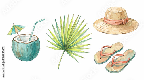 Watercolor Summer Beach Elements Set with Coconut Drink Straw Hat Palm Leaf and Flip Flops Isolated on White Background
