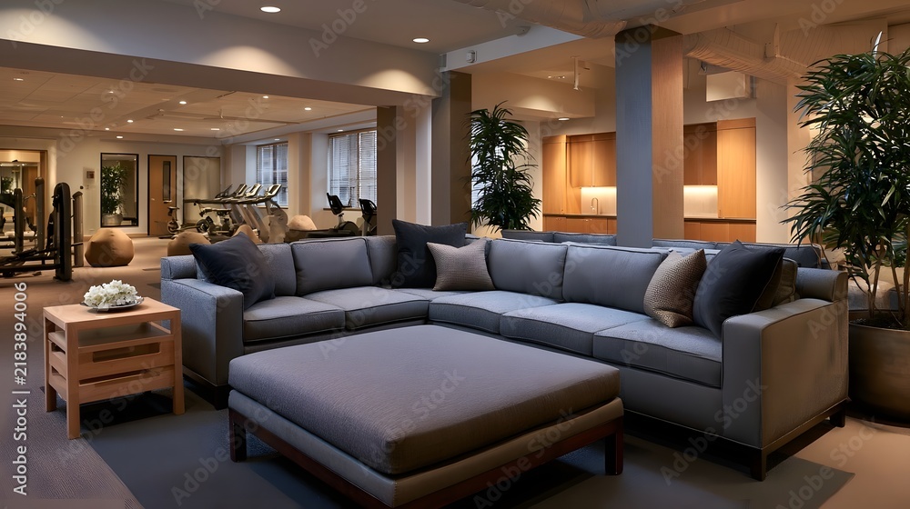 Obraz premium Modern lounge area with sectional sofa indoor plants and visible fitness equipment in background