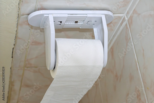 White toilet paper. Hygiene or cleaning product concept. Toilet paper in a home or public restroom.  No people, nobody. Horizontal photo.