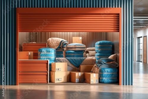 Self storage unit has open orange door with organized furniture and boxes wrapped in blue film