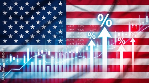 US Interest Rates Increase, Conceptual Financial Graph with American Flag Background