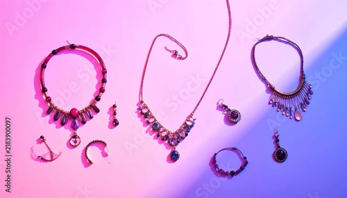 Elegant jewelry collection on stone pedestals. Fashion accessories displayed on colorful background.