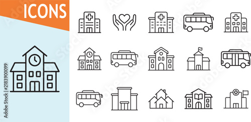 Hospital school bus and building icons for transport