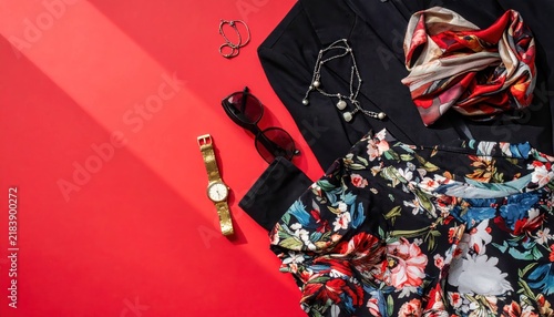 Flat lay of women fashion accessories and clothing on a vibrant red background
