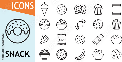 Snack icons collection with donut pizza popcorn cookies