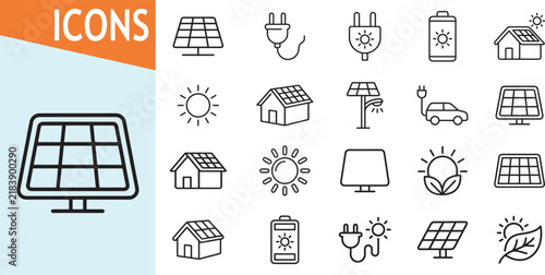 Solar energy icons with solar panels and sun