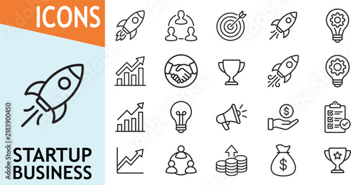 Startup business icons with rocket graph and lightbulb