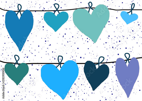 Hanging hearts on different colors and sizes with splatter as background. Transparent. Background use. Cute and fun heart design. Blue, teal, green, dark blue, and purple