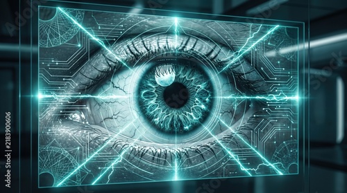 Biometric Eye Scan with Futuristic Digital HUD Interface and Cybernetic Circuit Patterns