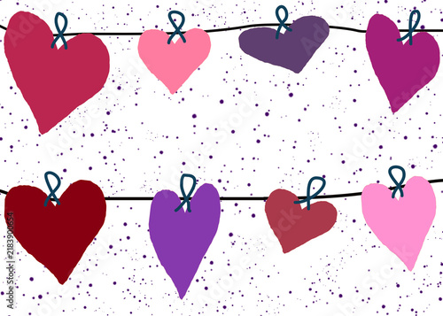 Hanging hearts on different colors and sizes with splatter as background. Transparent. Background use. Cute and fun heart design. Red, pink, purple, and maroon.