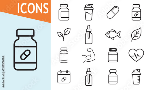Health and fitness icons with pills bottle and muscle