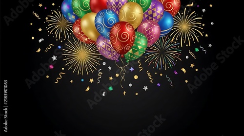 Vibrant party balloons and fireworks on dark background.