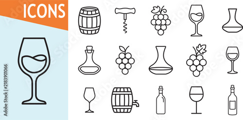 Wine icons with bottle glass barrel corkscrew and grapes
