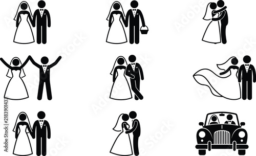 Wedding couple icon set depicting bride and groom holding hands hugging celebrating kissing and driving vintage car