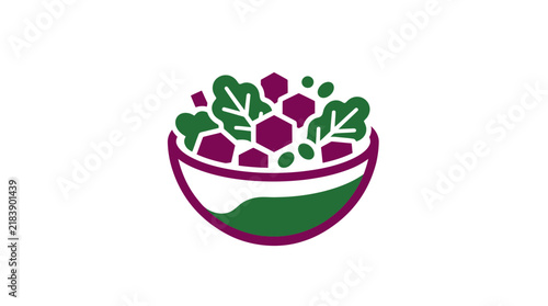 Healthy salad bowl illustration featuring dark purple and green geometric vegetable shapes perfect for organic food branding and vegan nutrition marketing.