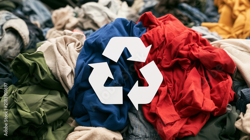 Recycling Symbol Among Piles of Discarded Fast Fashion Clothes