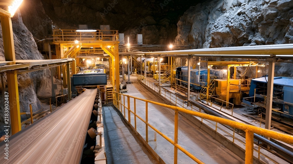 Fototapeta premium Interior of a large underground mine with conveyor belts hinery and rock walls illuminated by lighting