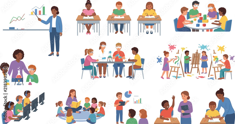Fototapeta premium A comprehensive illustration collection showcasing diverse students and teachers engaged in various classroom learning activities daily