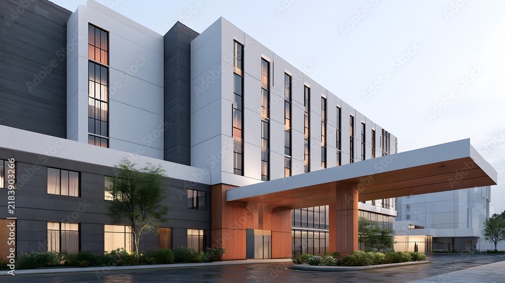 Fototapeta premium Modern multi story building with glass and wooden canopy entrance under clear sky