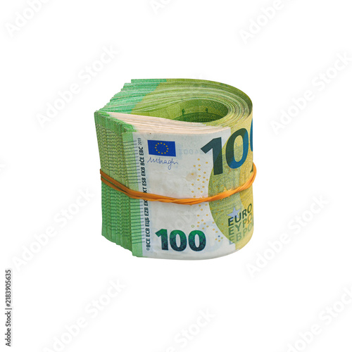 A stack of euro banknotes. isolated against a plain background. A thick roll of euro banknotes.