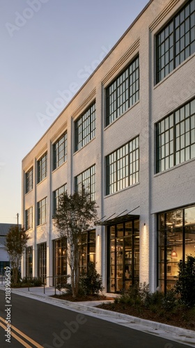 Modern white brick building with large industrial windows at dusk