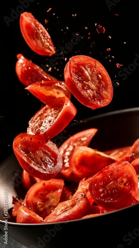 Fresh tomato slices captured mid-air, seasoned with spices