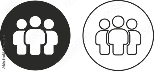 Minimalist icon set showing team collaboration with three white figures in black and white circles