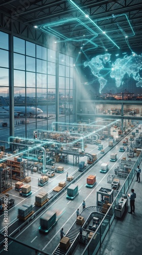 Automated logistics warehouse hub with robotic AGVs and AI global supply chain network map for smart distribution centers