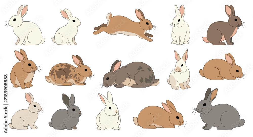 Obraz premium Diverse group of rabbits in various colors and poses including sitting, running, and eating on a white background.