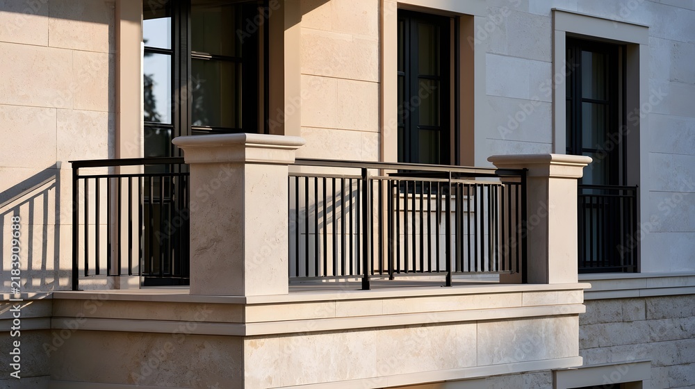 Obraz premium A modern balcony with stone columns and black metal railings attached to a light colored stone building facade