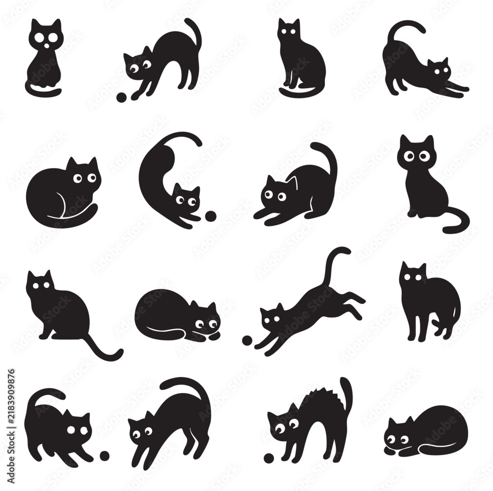 Fototapeta premium Collection of black cat silhouettes arranged on a white background showcasing various feline poses cats