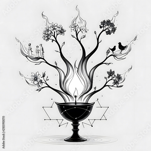 Surreal black ink illustration of a mystical chalice with magical flames, flowers, and birds
