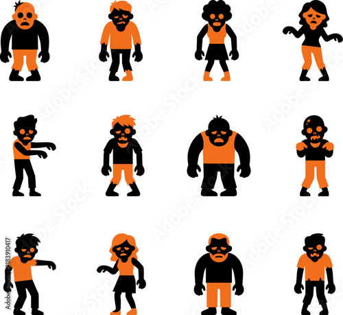 Set of twelve cartoon zombie characters in orange and black outfits isolated on a white background