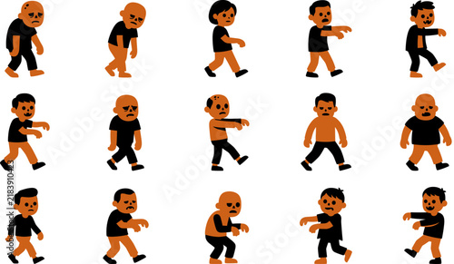 Set of cartoon zombie characters walking in different poses isolated on a white background for game design