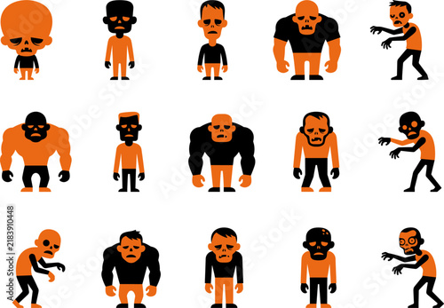 Set of various cartoon zombie characters in different poses isolated on a white background for game design