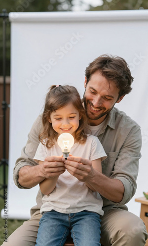 loving father gently holds small daughter arms smiling successfully repair lightbulb backyard installation