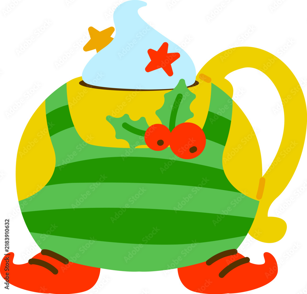 Fototapeta premium Christmas Hot Drink Mug With Cream And Holly Cartoon