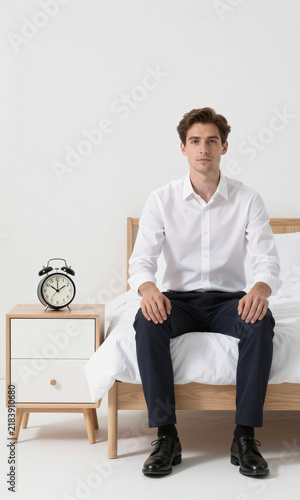 man crisp white shirt dark trousers sits bed minimalist nightstand beside clock table showing soft