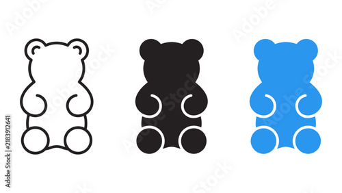 Set of gummy bear icons in outline, solid, and blue color styles