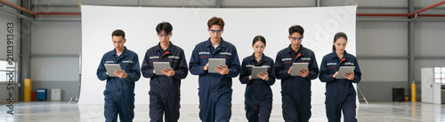team five aircraft maintenance mechanics coveralls safety glasses moving unison large hangar metal beams