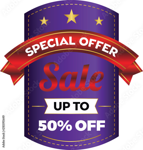 Special offer sale badge with red ribbon and fifty percent discount