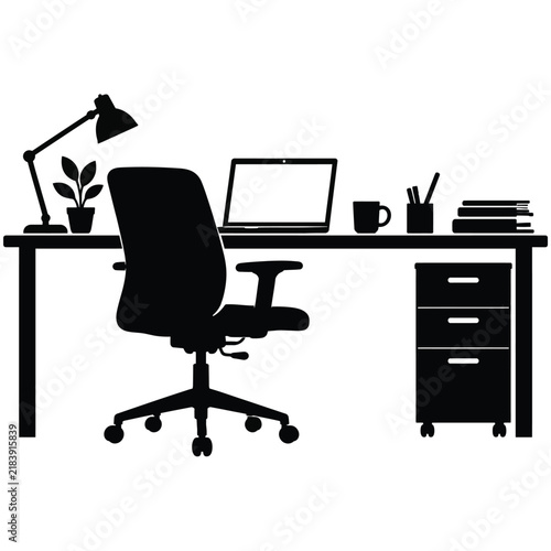 silhouette of a complete office workstation including desk, chair, laptop, and desk accessories