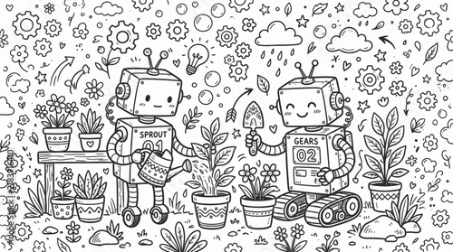 A detailed hand drawn doodle includes plants mechanical robots and a collection of many playful and curious objects in monochrome