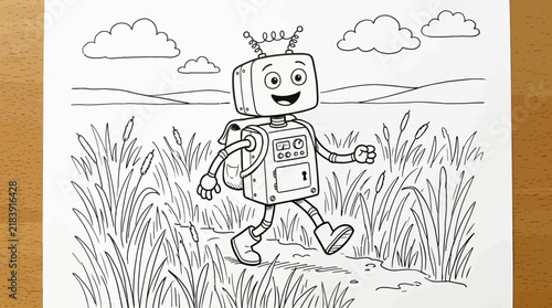 A delightful vintage illustration features a happy cartoon scarecrow standing proudly within a bountiful field of golden wheat and tall corn stalks