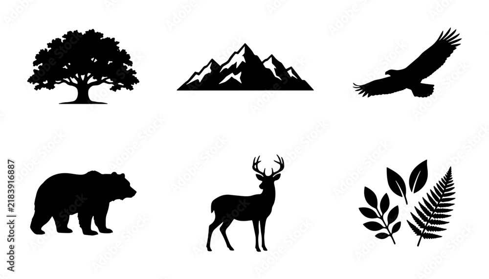 Fototapeta premium Nature Icons Set: Oak Tree, Mountains, Eagle, Bear, Deer, Leaves, Wildlife, Outdoors