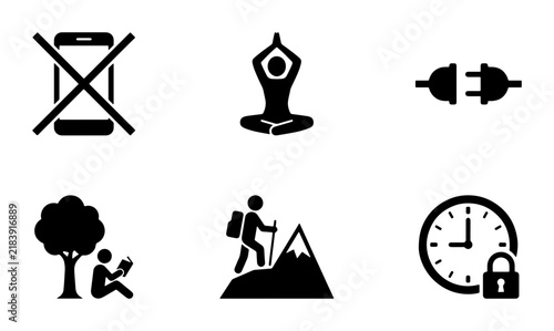 Foto Mindfulness Icons: No Phone, Yoga, Disconnect, Reading, Hiking, Time Lock